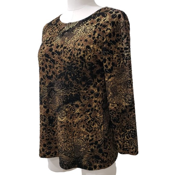Nygard Black Brown Gold Stretch Top Cat Print M, 10-12 - Picture 2 of 9